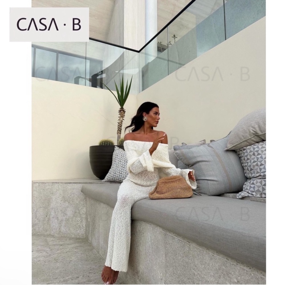 SOLD OUT💫 CASA B| Soriana Off the Shoulder Boucle Long Sleeve Draped Maxi Dress - Picture 6 of 9